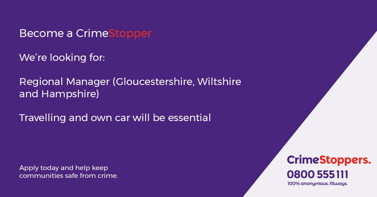 CrimestoppersUK's tweet photo. We are looking for a Regional Manager (covering Gloucestershire, Wiltshire and Hampshire) who will promote our charity and increase awareness across the region.
The closing date for this position is 5pm on October 25 2022.
More information here: https://t.co/DMT7eDTP3C https://t.co/0UXCo6wHL1