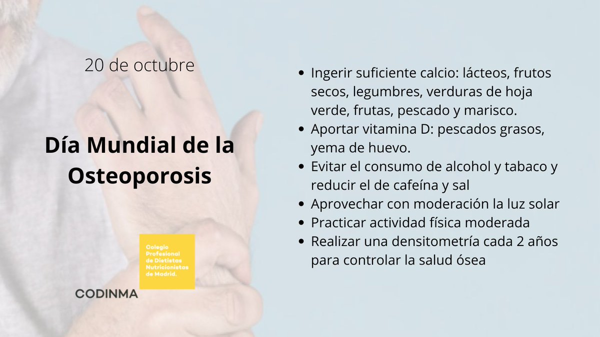 Codinma_DN's tweet photo. Hoy, en el #DíaMundialOsteoporosis desde #CODINMA queremos recordar el papel tan fundamental que juegan la alimentación y los hábitos de vida saludables en la prevención de esta enfermedad.
Una alimentación osteosaludable contribuye a una adecuada masa ósea.
#salud #nutrición https://t.co/RM0UrBGxWS