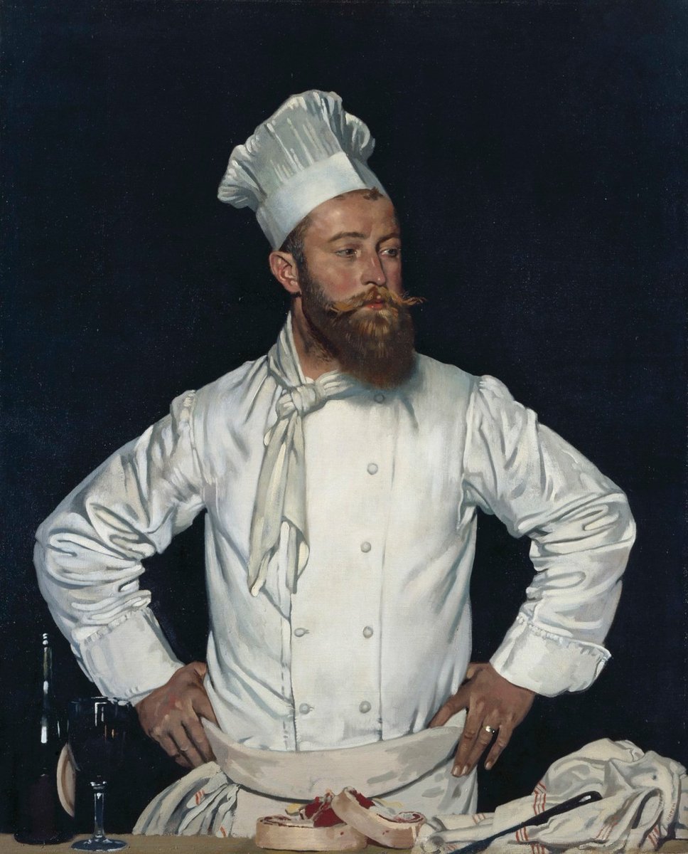 royalacademy's tweet photo. This is Eugene Grossrieter, or Chester to friends – a nod to the French word for English Cheshire cheese, apparently due to his dislike for 𝘭𝘦 𝘧𝘳𝘰𝘮𝘢𝘨𝘦. He was the grill-room chef at Paris's Hotel Chatham in the 1920s. 🧵

#InternationalChefsDay #RACollection https://t.co/BcmXAqUhLf