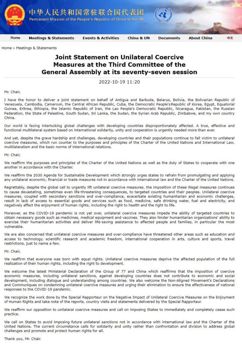 Chinese mission to UN called for immediate &amp; complete cease of Unilateral Coercive Measures against 25 developing countries including Zimbabwe at #3C #UNGA.

🇨🇳 will consistently and firmly support an end to all the unilateral sanctions on 🇿🇼.
#SanctionsMustGo

Full text 👇