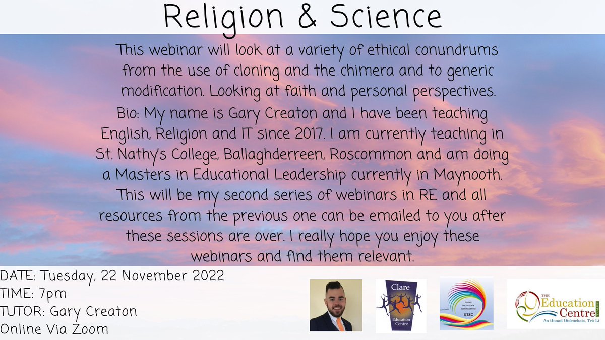📢Post Primary Religion Webinars 1️⃣Ultra Conservatism/Extremism 📅Tuesday, 25 October ⏲️8pm - 9pm 2️⃣Religion & Science 📅Tuesday, 22 November ⏲️7pm - 8pm ️⃣3️⃣Mythology and Ancient Belief 📅Tuesday, 29 November ⏲️7pm - 8pm 🗣️Gary Creaton ®️ clareed.ie/cpd-courses/pr…