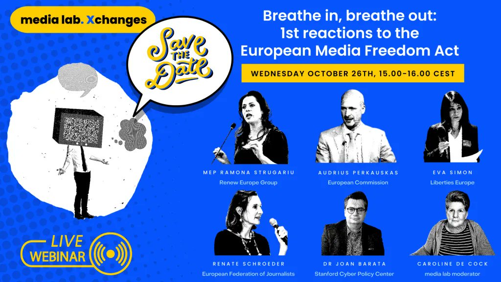 Molenews1's tweet photo. Stay tuned for the 1st #MediaLabXchange: roundtable discussion on Wed. 26 0ctober at 15.00 CEST, titled “Breathe in, breathe out: 1st reactions to the European #MediaFreedomAct”.
With @renatemargot @JoanBarata @RamonaStrugariu @evasimon_info @APerkauskas @the_info_labs #EMFA https://t.co/1xSAV1XfBv