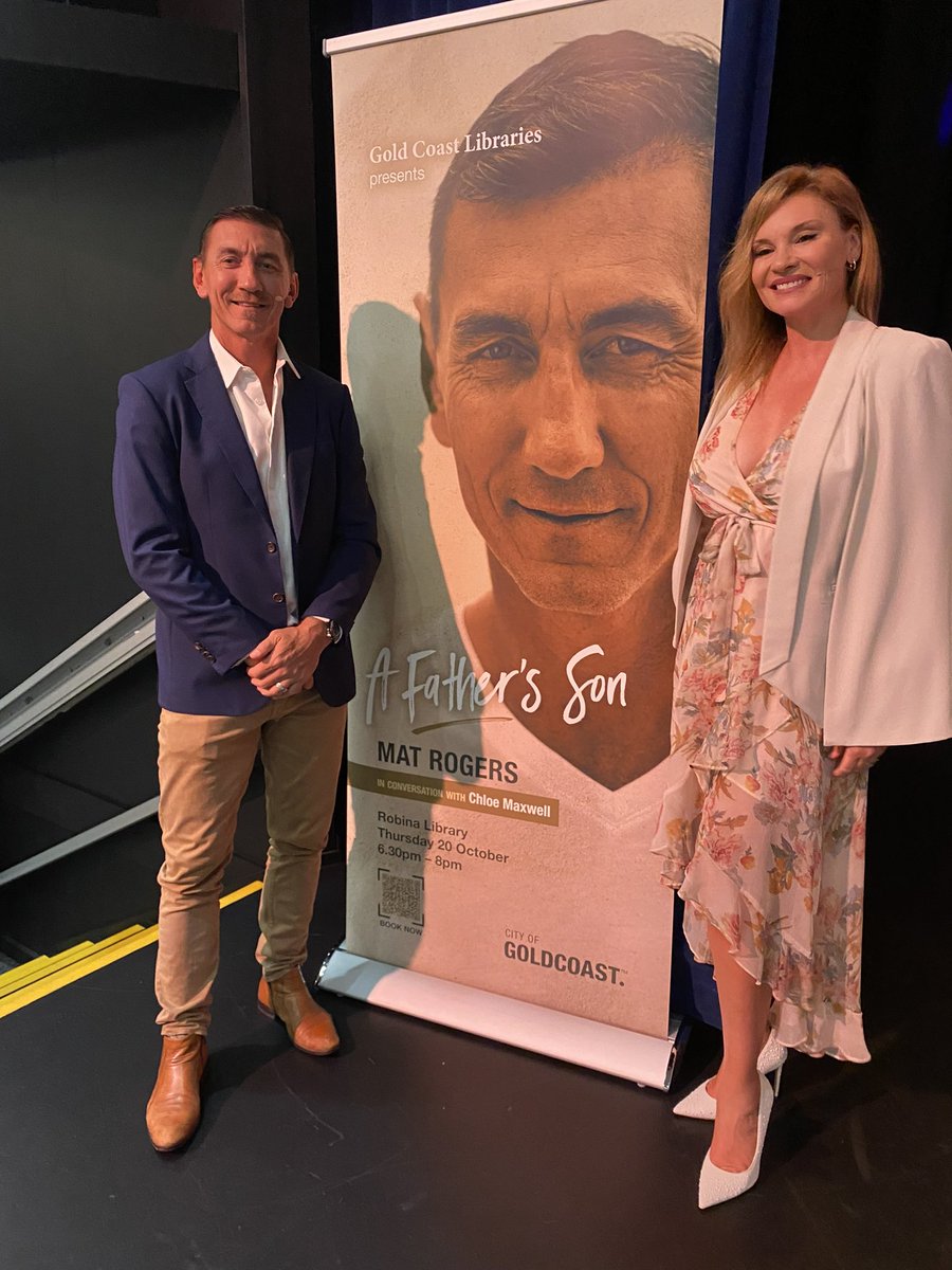 A really special event tonight at Robina library much loved media personality &amp; producer <a href="/chloemaxwell/">Chloe Maxwell</a> interviews much loved &amp; celebrated sport hero <a href="/mat_rogers6/">Mat Rogers</a> who also happened to be her husband. A wonder conversation about Mat’s new book #FathersSon
