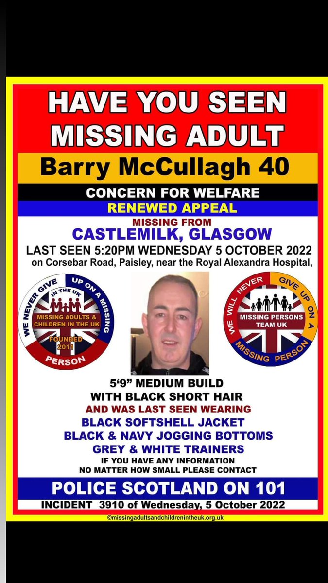 15 days now Barry is missing, hes just vanished, not 1 sighting since he left the royal alexander hospital on the 5th of october, someone must have seen him, we just want him back to his family 🙏💙 x