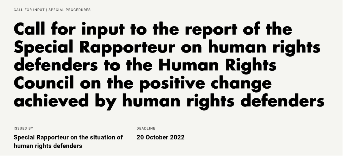 Today is the last day to submit information to the report I will present next March to the @UN_HRC celebrating the positive contributions made by human rights defenders. Submit in all UN working languages here: 🔗bit.ly/3Tb2ACN