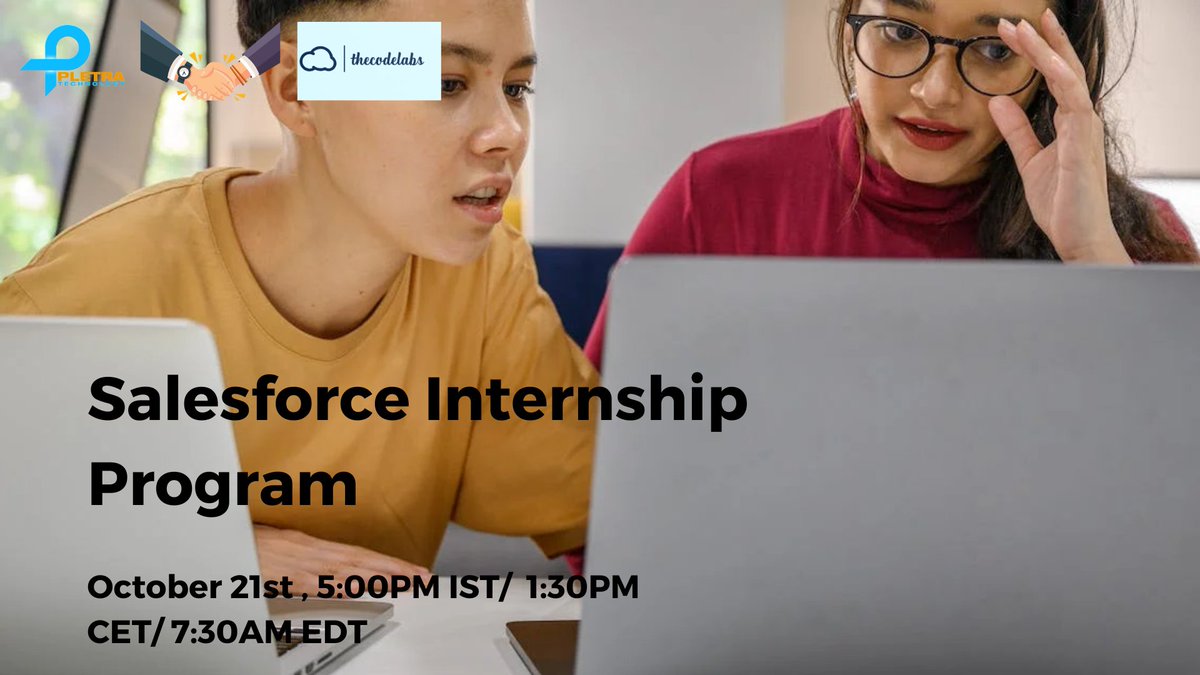 Pletratech1's tweet image. PletraTech proud to collaborate with theCodeLabs to launch an internship program for energetic and talented candidates (2020 pass out onwards Candidates) in partnership with theCodeLabs.

Register here to attend this session bit.ly/3dPk8Vw

#pletra #sfdctraining
