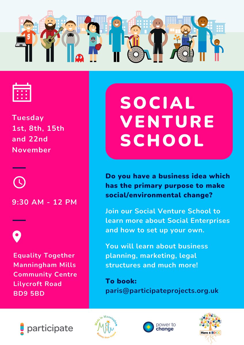 Join our Social Venture School to find out how to set up your own Social Enterprise!
 
📅4 x 2 hour workshops – 1st , 8th , 15th and 22nd November
📍Manningham Mills Community Centre, Lilycroft Road, BD9 5BD
 
Follow the link to sign up😀ow.ly/eEEp50L8QVC

#bradford