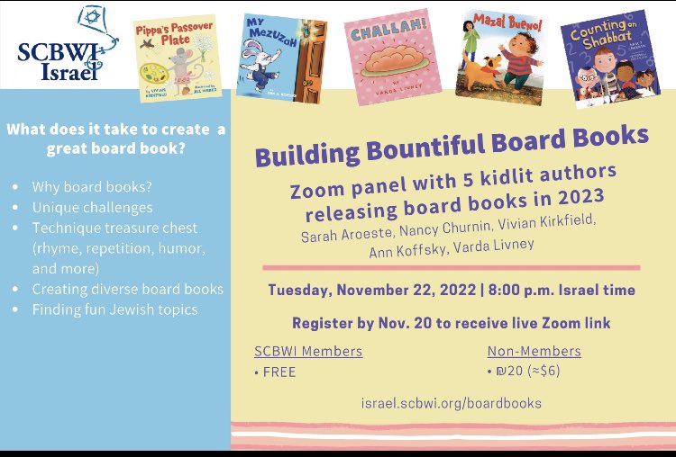 Excited to be part of this SCBWI Israel event with my board book pals, Varda Livney Nancy Churnin Vivian Kirkfield and Sara Castillo Aroste. It’s on zoom so join us from whatever side of the ocean you’re on! #picturebook #jewishboardbook #jewishkidlit #kidlit