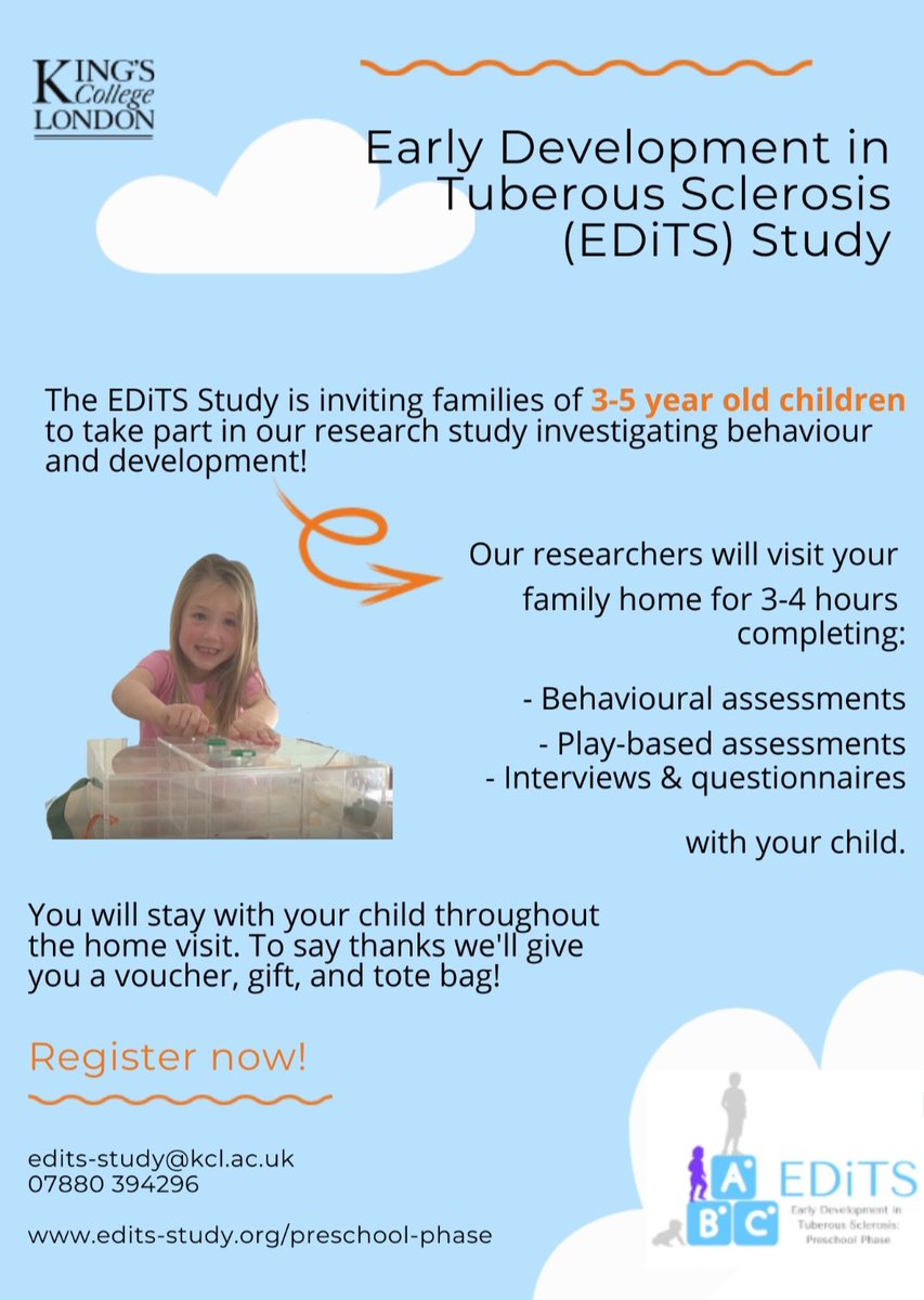 EDiTS_Study's tweet photo. 📢 Reminder from the Early Development in Tuberous Sclerosis (EDiTS) Team that we are still recruiting families of 3-5 year old children for our study of behaviour and development! 👥🧠 Check out our website here for more info: https://t.co/IRZdsax2P5 https://t.co/rRfDwsHyq3