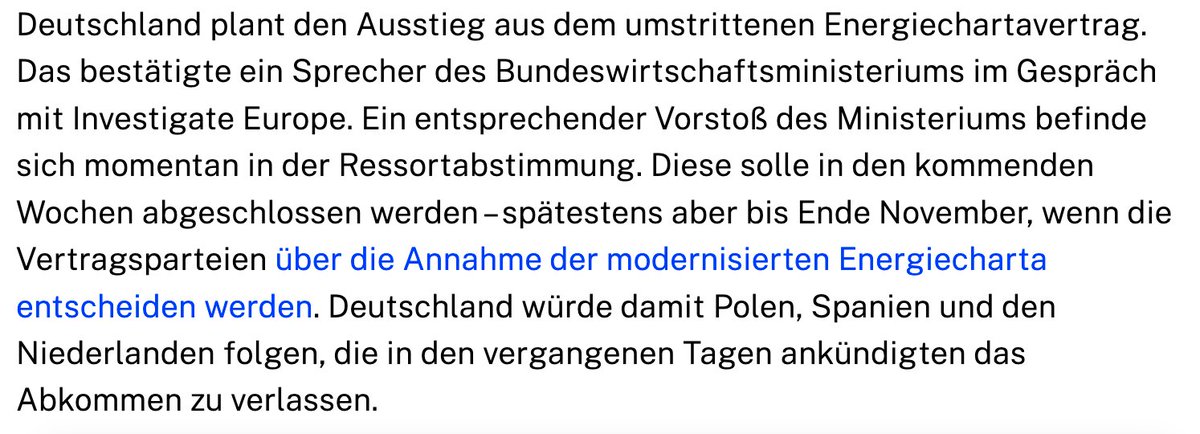 nico_schmidt's tweet image. Deutschland bereitet den Ausstieg aus umstrittener Energiecharta vor. Ein Vorstoß des BMWK befindet sich in der Ressortabstimmung. Nach Polen, Spanien und den Niederlanden wäre Deutschland der vierte EU-Staat der den Vertrag in diesem Jahr verlässt. (1/x)

investigate-europe.eu/de/2022/deutsc…