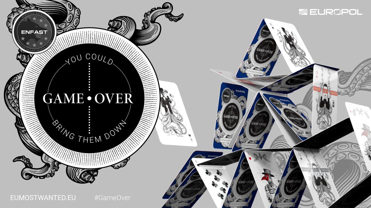 ♣️♦️ Help us #BringThemDown ♥️♠️ A criminal network is like a house of cards: one tip and it can collapse. 🔎 Do you have the missing information that can put one of the #EUMostWanted fugitives behind bars? ➡️ Visit our website to find out: eumostwanted.eu/gameover #GameOver
