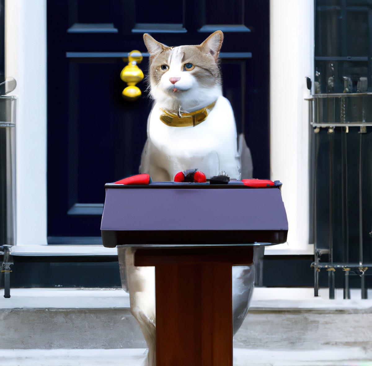 Eclectic_Cats's tweet photo. Larry is taking over now at No. 10. 

#larrythecat #ukpolitics #no10 #downingstreet #fuckthetories #aigenerated #dalle2 https://t.co/JxKeiLg438