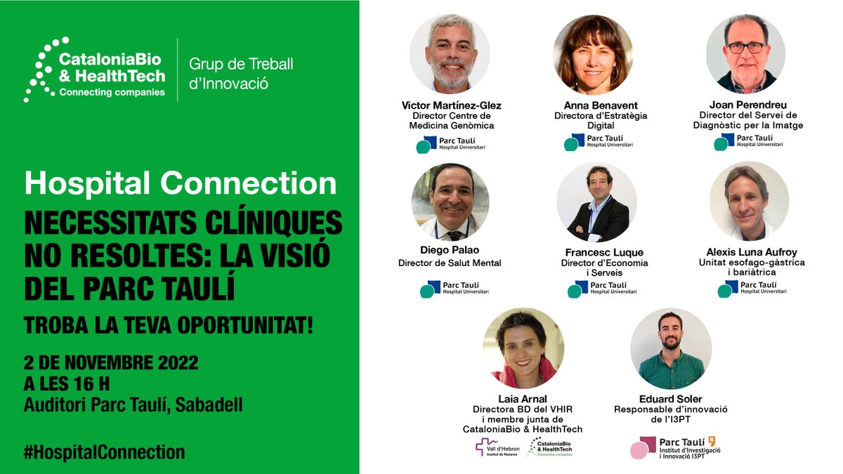 CataloniaHealth's tweet photo. 🟢 #HospitalConnection with @I3ptT @parctauli
🤝 Come and learn the unmet clinical needs that require the development of new technologies and joint hospital-company solutions
👉 Info and registration https://t.co/loAWCpMaSb
#WeAreCataloniaBioHT #innovation https://t.co/h92O2llGz8
