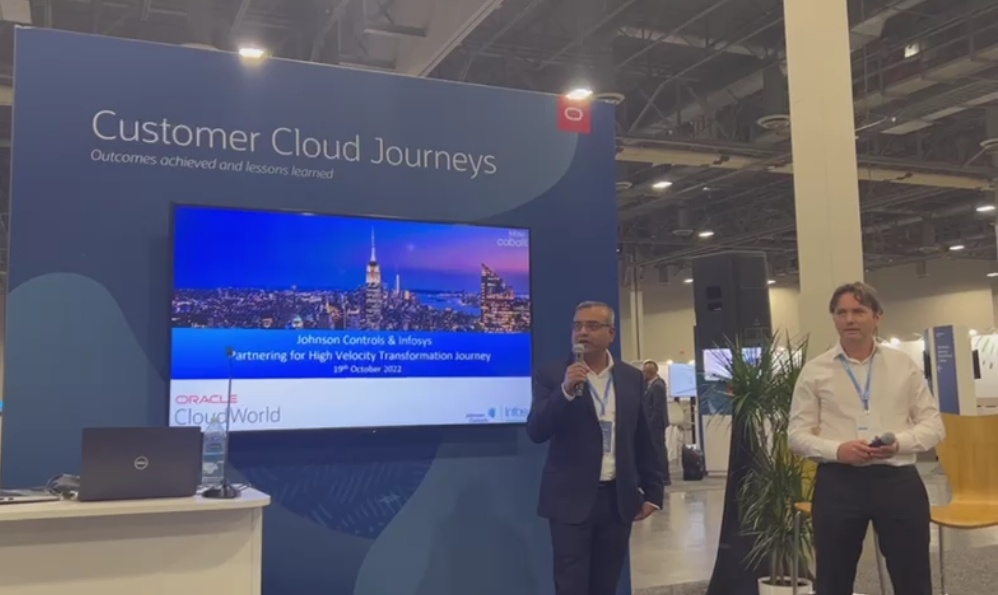 InfosysEvents's tweet photo. Volkan Akincioglu, JCI, and Ashutosh Srivastava, Infosys, shed light on how Johnson Controls International devised a strategy to adopt Oracle Cloud and successfully transformed their business and technological capabilities at Oracle #CloudWorld. #InfyAtOCW22 #OCW https://t.co/dJviLPqtpC