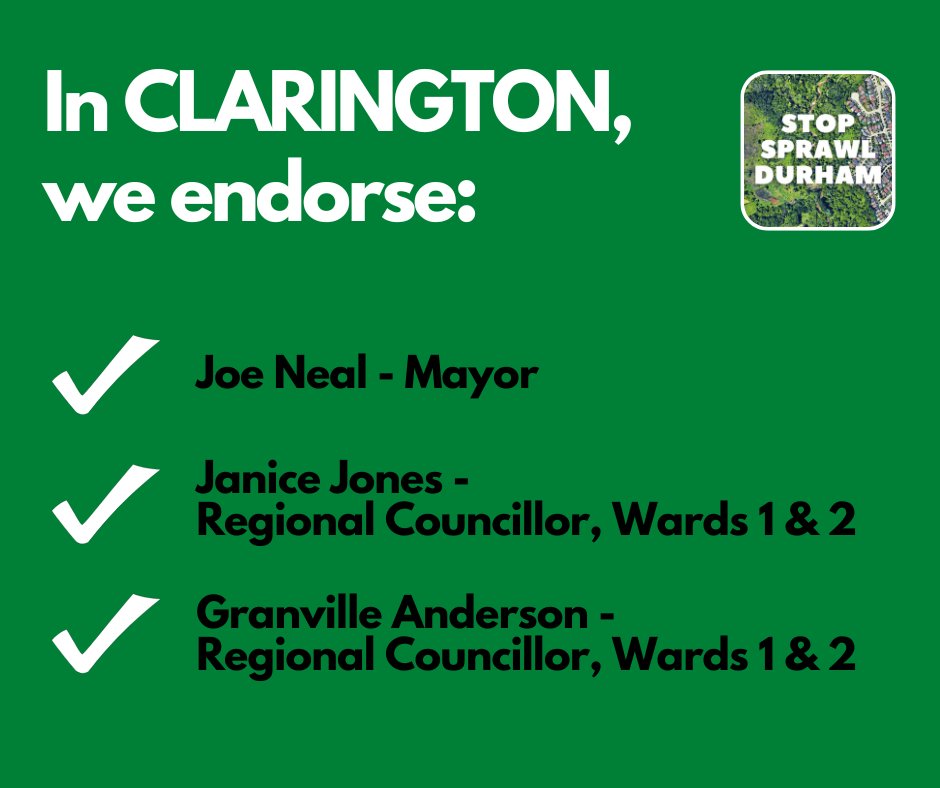 NoSprawlDurham's tweet photo. @jshoar We added Clarington earlier this week. Sorry for the delay! https://t.co/OnNxMBkvpq #Clarington #MunPoli #MunicipalElection2022 https://t.co/DyrbMqjfFf