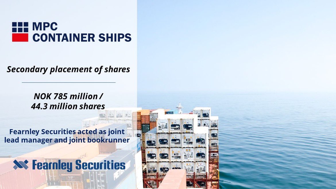 FearnleySec's tweet photo. Fearnley Securities acted as joint lead manager and joint bookrunner in the NOK 785 million secondary share sale in MPC Container Ships ASA («MPCC») by Star Capital. The deal size of 44.3 million existing shares represented 9.99% of the outstanding shares in MPCC. https://t.co/OvpUXevZAe