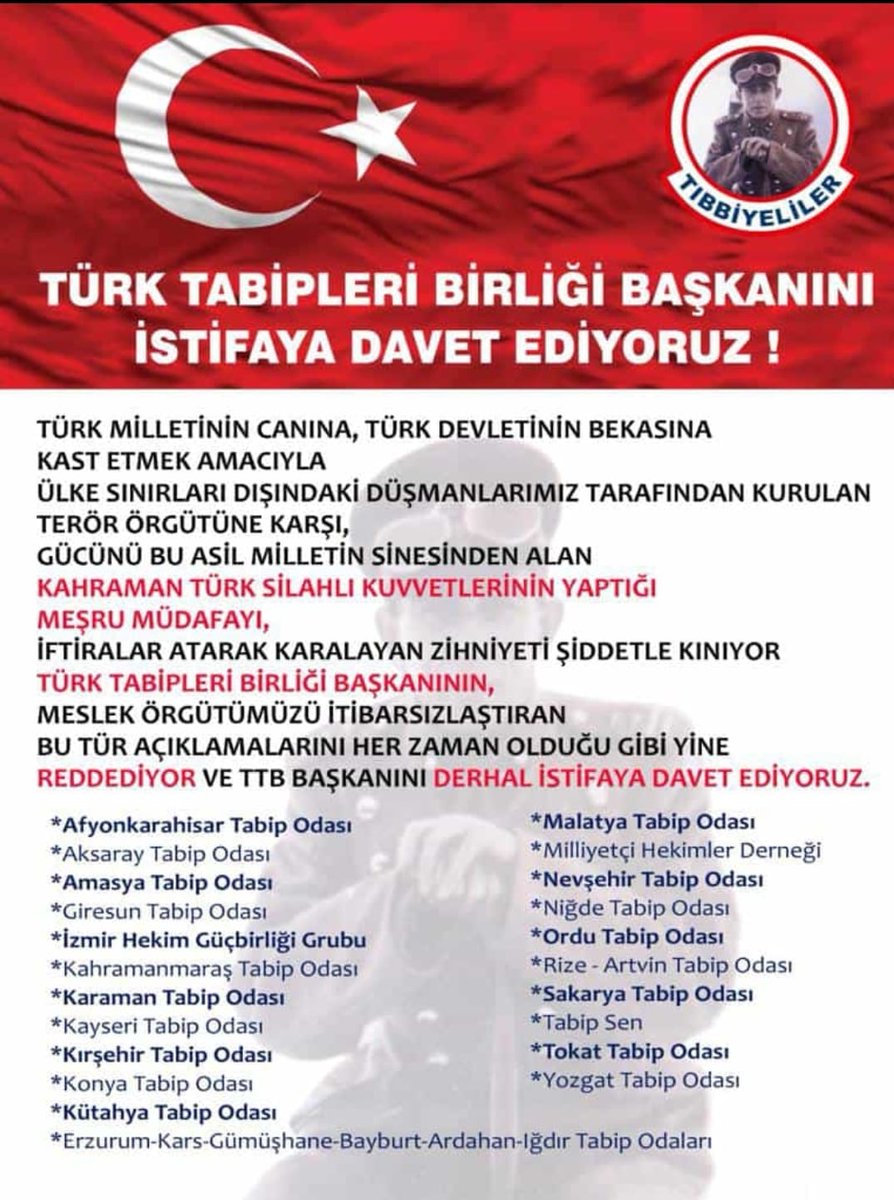 turk_hekimleri's tweet photo. Yüce Türk Milletinin bağrından çıkmış vefakar Türk Hekimlerini asla temsil etmeyen, aşağılık bir açıklamada bulunan @skorurfincanci yı TTB merkez konsey başkanlığı görevinden istifaya davet ediyoruz! https://t.co/o8FCE0Um2D