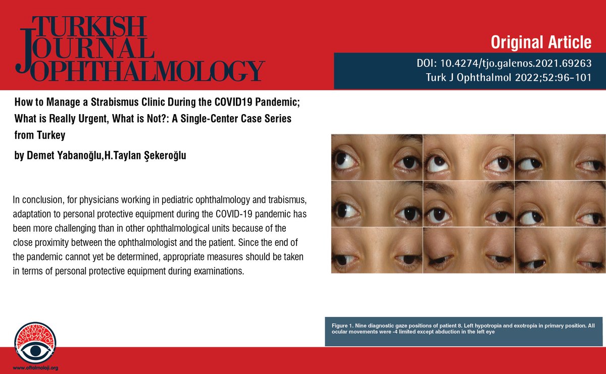 TurkJOphthalmol's tweet image. How to Manage a Strabismus Clinic During the COVID19 Pandemic; What is Really Urgent, What is Not?: A Single-Center Case Series from Turkey

You can see the free full text of the research by Demet Yabanoğlu et al.

Link: cms.oftalmoloji.org/Uploads/Articl…

#COVID19 #acuteonset #strabismus