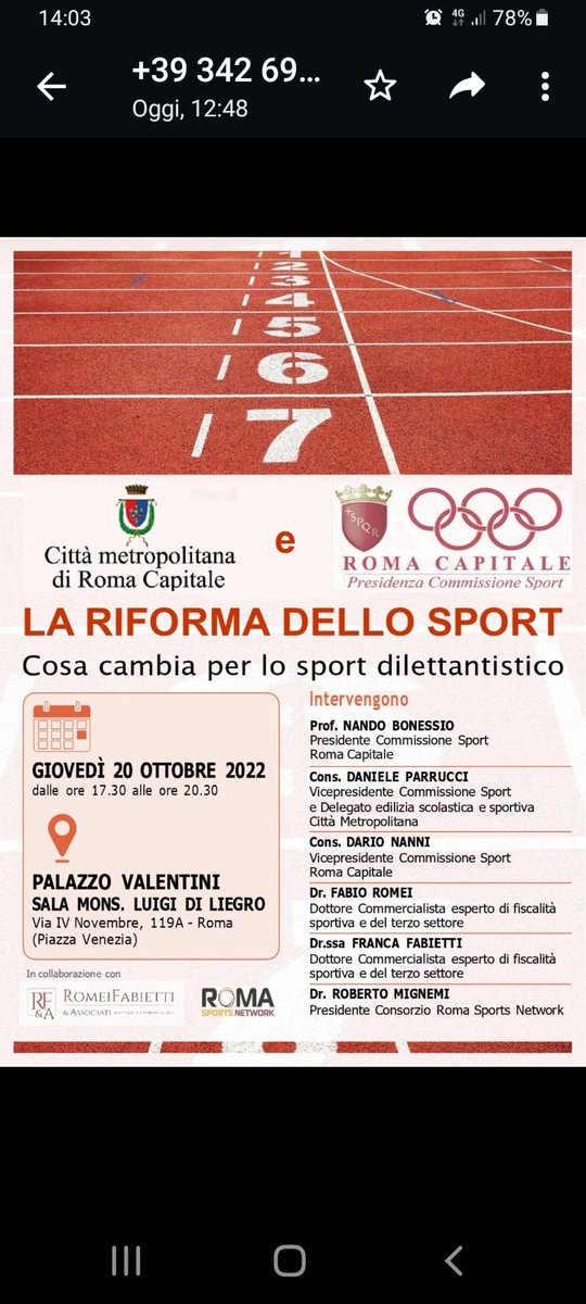 Oggi 20/10 alle 17.30 a Palazzo Valentini Roma si parla de "LA RIFORMA DELLO SPORT" con <a href="/NandoBonessio/">Nando Bonessio</a> <a href="/DanieleParrucci/">Daniele Parrucci</a> Dario Nanni Fabio Romei Franca Farietti <a href="/RobertoMignemi/">Roberto Mignemi</a> 
Per tutti il mondo sportivo.
<a href="/Roma/">Roma</a> <a href="/RomaSportsNetw/">Roma Sports Network</a> @cittametropolita
#InsiemePerRoma