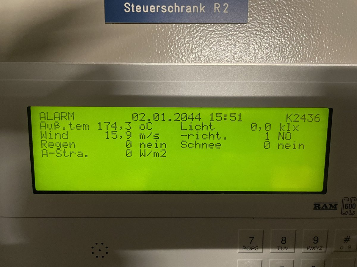 After the power cut, our cooling system sees the future: January 2044, temperature: 174,3°C. Maybe we should do something against climate change! #GlobalWarming