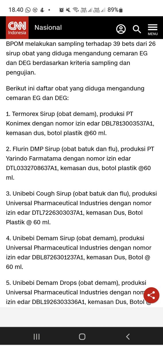 dr_koko28's tweet photo. CNN : BPOM Tarik 5 Obat dengan Etilen Glikol Lebihi Ambang Batas.

1. Termorex sirup,
2. Flurin DMP sirup,
3. Unibebi cough sirup,
4. Unibebi demam,
5. Unibebi demam drops. https://t.co/Tz4BjNJBYd