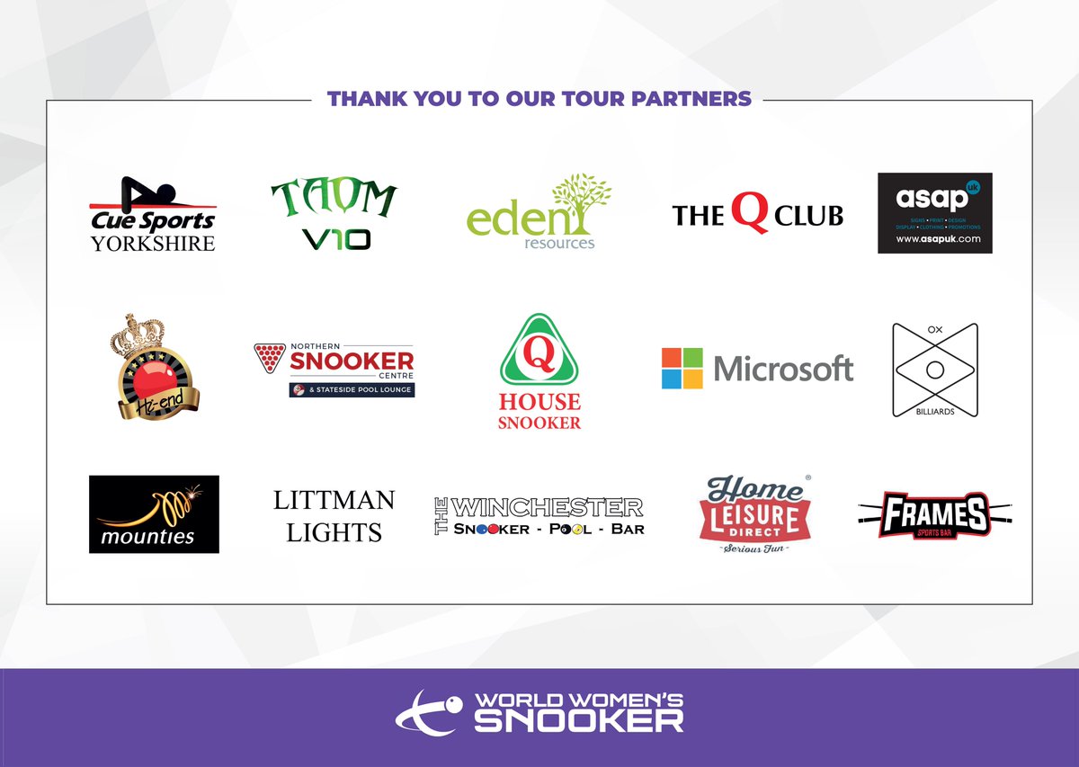 As we prepare for our fourth world ranking event of the season this weekend at the Scottish Women's Snooker Open 2022, we would like to thank our 2022/23 tour partners for their continued support! 🙏 🔗: womenssnooker.com/about/become-a… #WomensSnooker