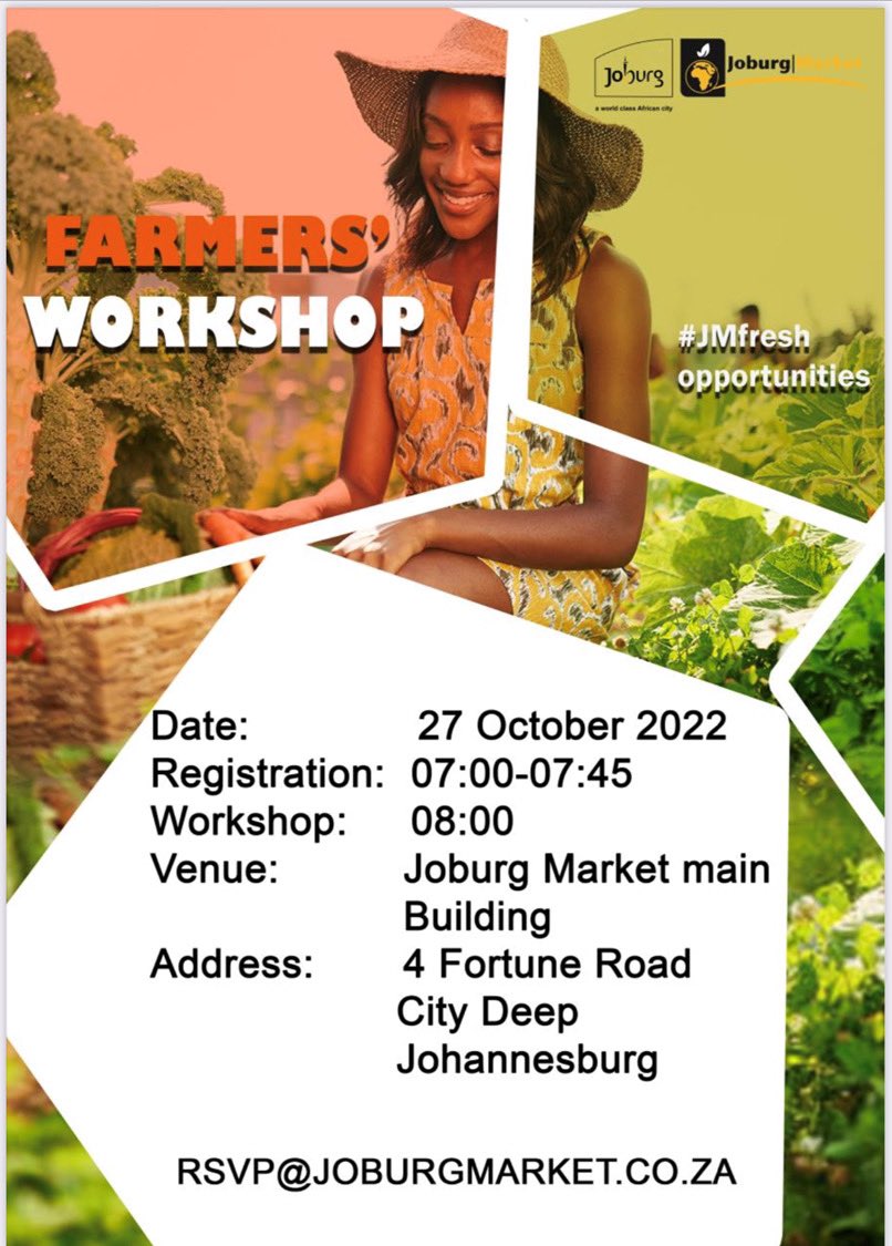 CityofJoburgZA's tweet image. #JoburgUpdates

ICYMI: Don't miss the #FarmersWorkshop on Thursday, 27 October 2022 @MarketJoburg #JoburgEnterprises 👇🏾 ^GZ