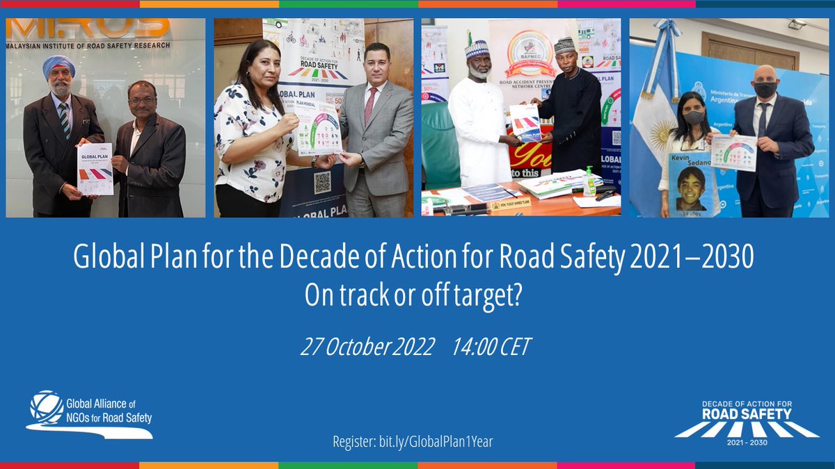 One week until our online event "On Track or Off Target?" on 27 October 2022 at 14:00 CEST.
Will we halve road deaths and injuries by 2030? And if not, how do we get back on track?
Register here: bit.ly/GlobalPlan1Year