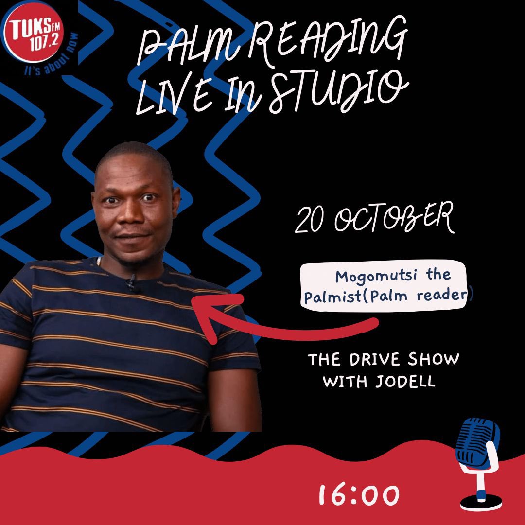 TuksFM1072's tweet photo. Tune in to the drive show with @jodell_tantij !!! Today she has a palm reader @MutsiPalmist who will be doing live palm readings in studio. 

Join in on the palm reading fun by sending us a picture of your palm either in the DMs or on our WhatsApp line 0617201072 ❤️‍🔥 https://t.co/1NB6Myf3Tv