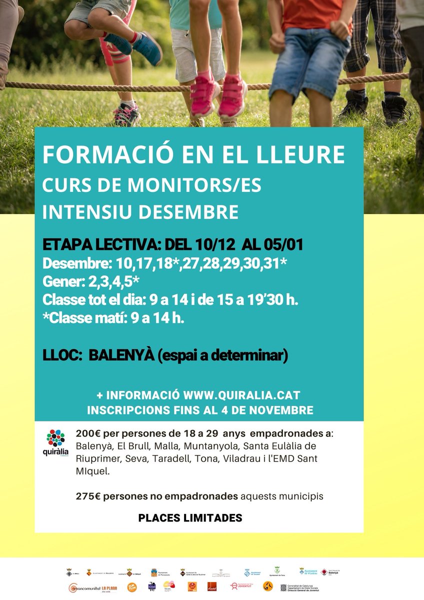 📢 𝗖𝘂𝗿𝘀 𝗱𝗲 𝗺𝗼𝗻𝗶𝘁𝗼𝗿𝘀/𝗲𝘀 𝗱𝗲 𝗹𝗹𝗲𝘂𝗿𝗲 𝗶𝗻𝘁𝗲𝗻𝘀𝗶𝘂 𝗮𝗹 𝗱𝗲𝘀𝗲𝗺𝗯𝗿𝗲
Inscripcions a quiralia.cat fins al 4 de novembre. 
Per a més informació podeu trucar al 93 812 54 45 de 9 a 15 h.

#formaciólleure #SMBalenyà #Osona