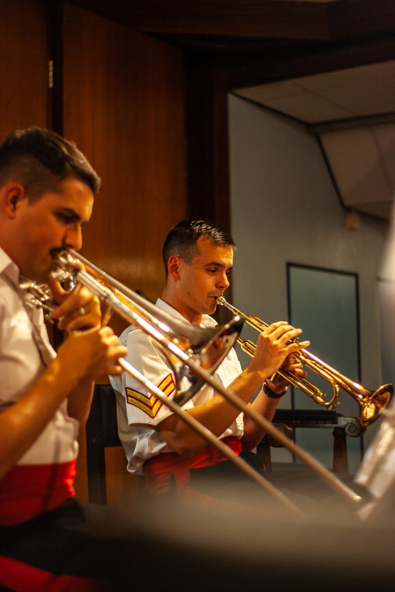 The Brass Quintet of The Band of HM Royal Marines Plymouth provided musical support for a Trafalgar Night dinner at the wardroom of HMS Raleigh. They provided music throughout the night performing to officers and guests.