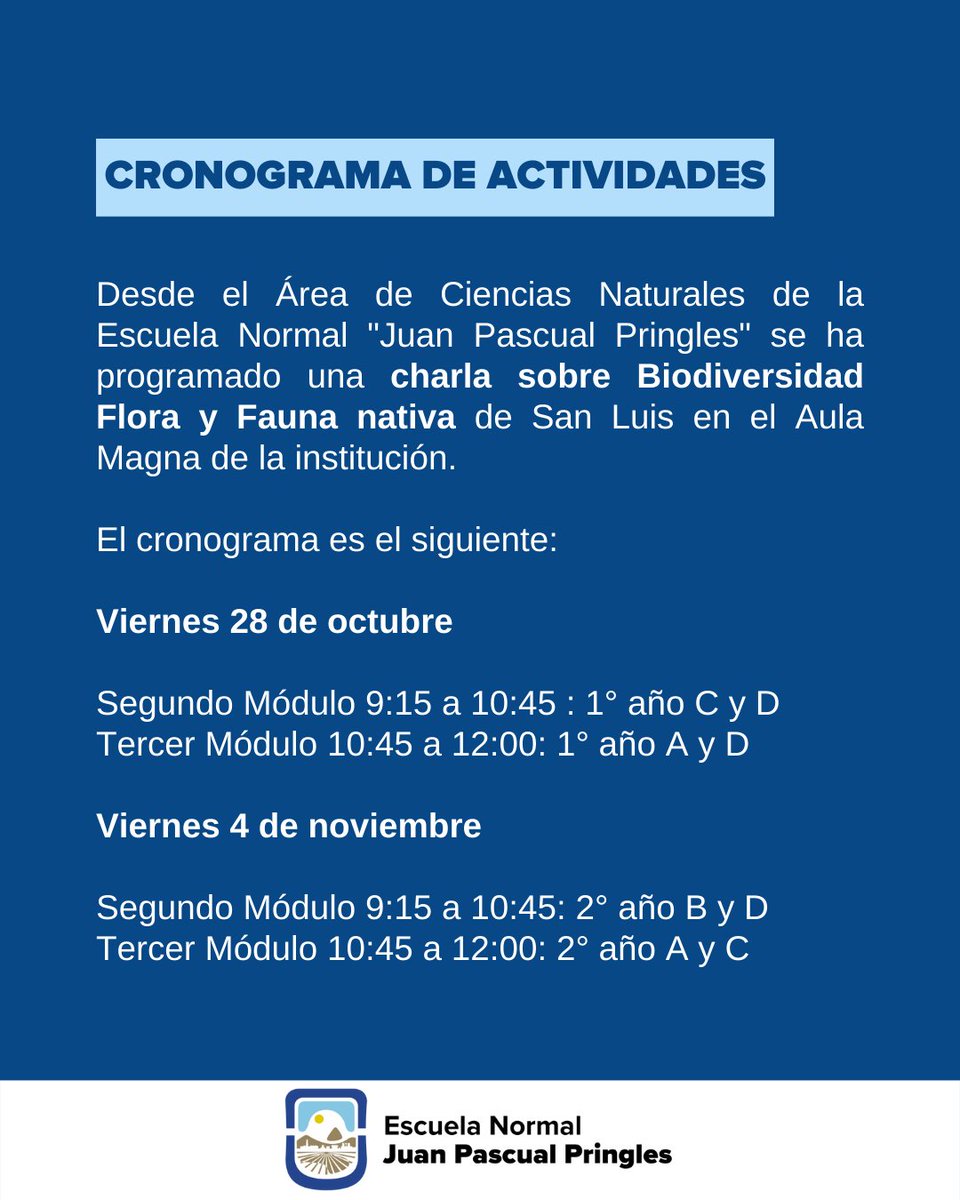 enjpp_edu's tweet image. Atención ⤵️

📢Desde el Área de Ciencias Naturales de la Escuela Normal Juan Pascual Pringles, se ha programado una charla sobre Biodiversidad Flora y Fauna nativa de San Luis en el Aula Magna. Por tal motivo, se comparte el siguiente cronograma.

#LaMixta #ENJPP