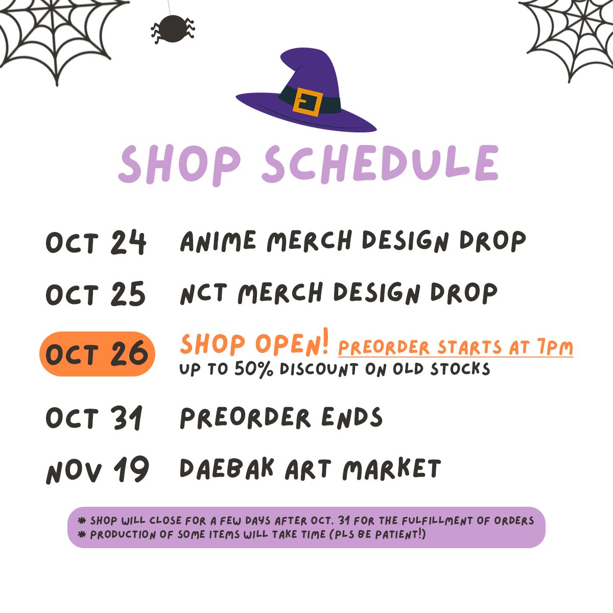 retweets appreciated 🫶🏻

👻 october shop update schedule 👻

after several setbacks, my shop update is finally happening! 🎃 

please take note of the following dates. more deets to follow! 🤍🍙