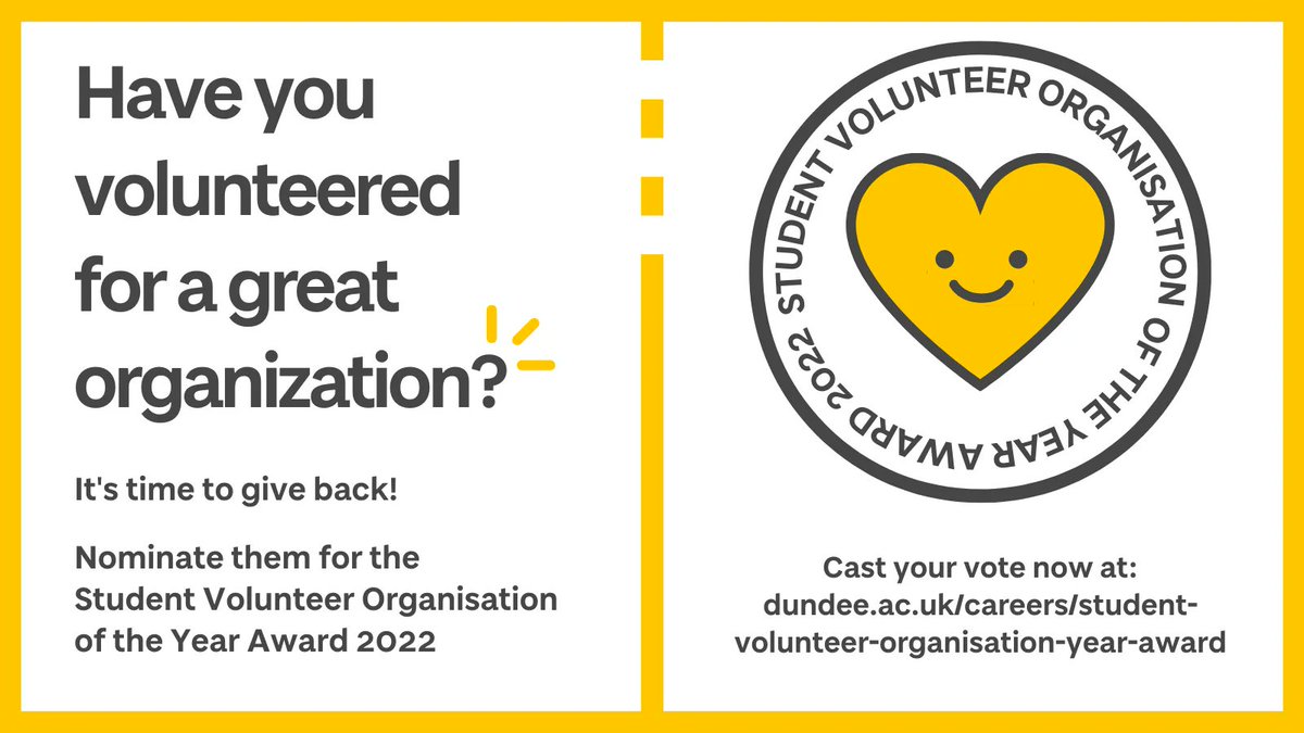 Voting is now open for University of Dundee Student Volunteer Organisation of the Year Award 2022! Do you know a great organization that you'd recommend @dundeeuni students volunteer with? Nominate them today at buff.ly/3mEvMo0