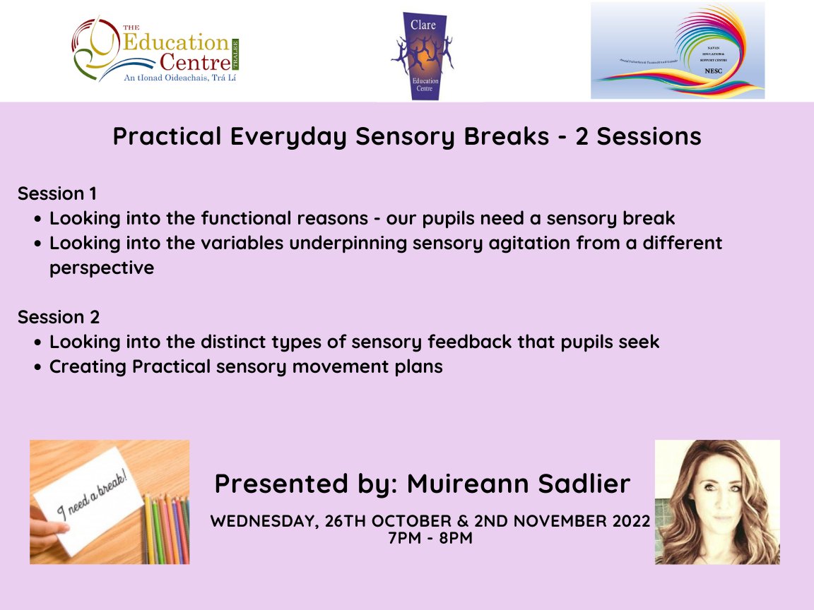 📢Primary School Teachers ➡️Practical Everyday Sensory Breaks - 2 Sessions 📅Wednesday, 26 October & Wednesday, 9 November 2022 ⏲️7pm - 8pm 🗣️Muireann Sadlier 📌Zoom 💰FREE ®️ zoom.us/webinar/regist… @edcentretralee @CentreNavan