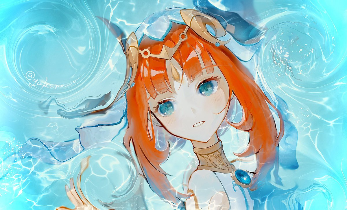 nilou (genshin impact) 1girl solo horns red hair water jewelry parted lips  illustration images