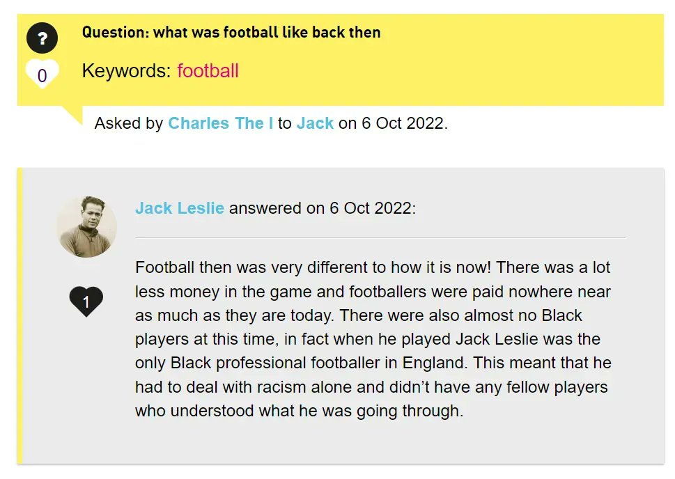 ImHistory_Team's tweet photo. Historian Lily is answering questions all about footballer Jack Leslie's life in the #BlackHistoryMonth Zone! 👇 https://t.co/4y0psH0uZO