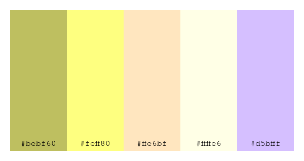 ColPaletteBot's tweet photo. Beep beep, here's a pretty color palette for you!
color-scheme.js parameters used:
- hue: 271
- variation: light
- colors: #bebf60, #feff80, #ffe6bf, #ffffe6, #d5bfff
Have a lovely day!
#twitterbot #colorpalette #colors #palette #prettycolors https://t.co/CSwW6OCYCN