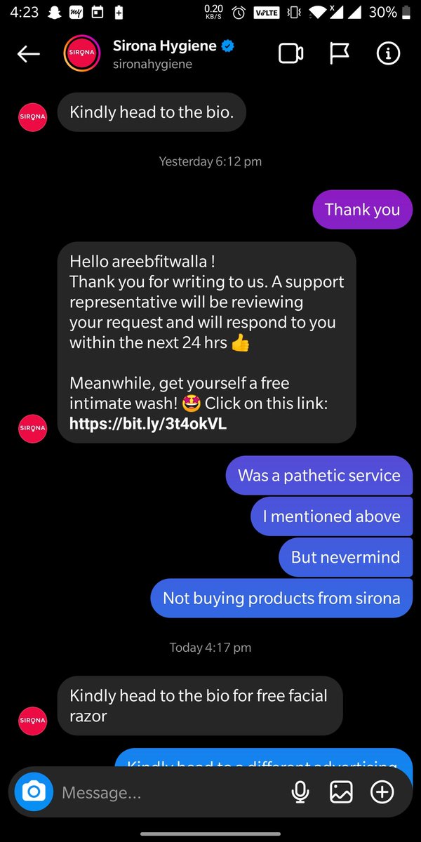 Areeb3197's tweet photo. @SironaHygiene so I have been asking them for the link of the facial hair razor, they kept on insisting me to check the bio, despite of telling them that isn't the link. 

Who is the social media team or advertising agency? 

This is a reminder to be more concious team. https://t.co/BYVM3pn1yc