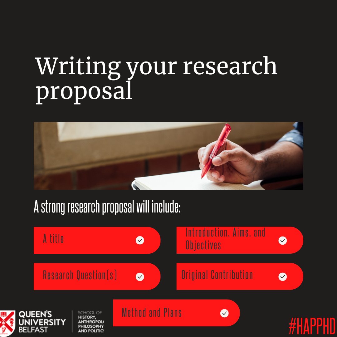 HAPPatQUB's tweet photo. The research proposal is one of the most important parts of applying for a #HAPPhD

We will use it to decide whether to offer you a place, and it can be used to decide the award of funding 

Discuss your proposal with your potential supervisor!

Top tips👉 https://t.co/NVzCcwX7Hl https://t.co/Z0k2pZCdJk