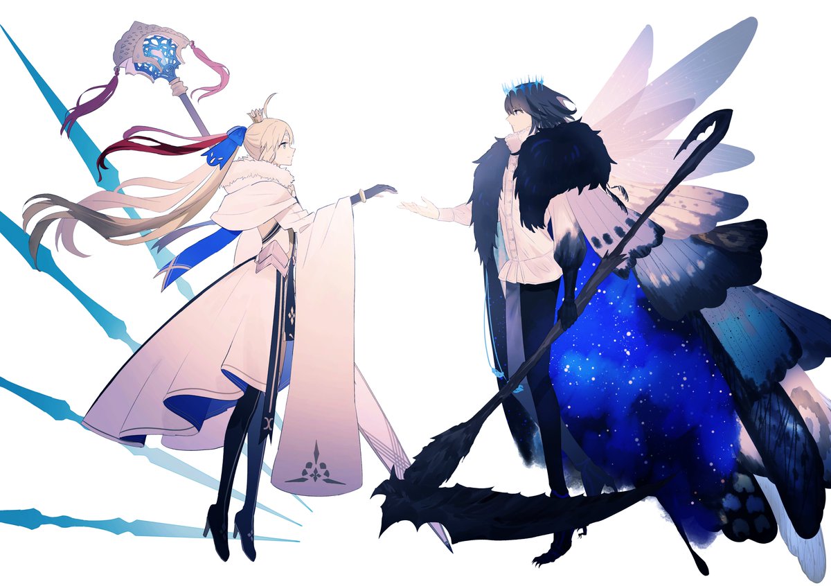artoria caster (fate) ,artoria pendragon (fate) ,oberon (fate) 1girl 1boy blonde hair crown insect wings gloves wings  illustration images
