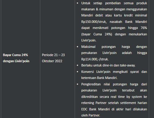 Untuk promo tukar poin livin di Kfc itu poin nya brpa ya <a href="/bankmandiri/">bank mandiri</a> <a href="/mandiricare/">Mandiri Care</a>  bankmandiri.co.id/en/hut-bmri-24…