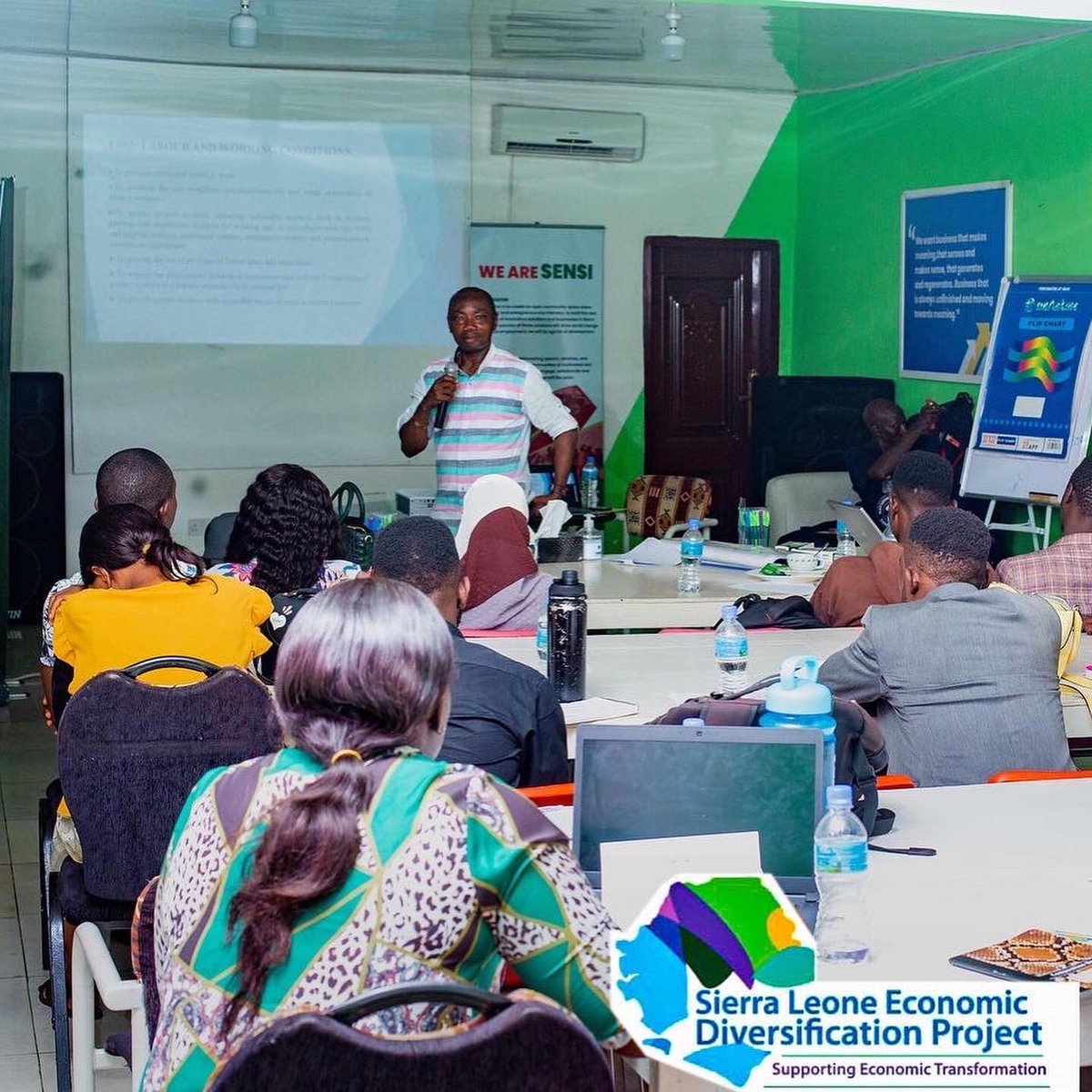 A one-day training session at Sensi Tech Hub on October 13, 2022, for businesses under the Business Support Program Funded by the World Bank and the Government of Sierra Leone on areas of Grant Management, Monitoring, and Evaluation, and Environmental safety guidelines