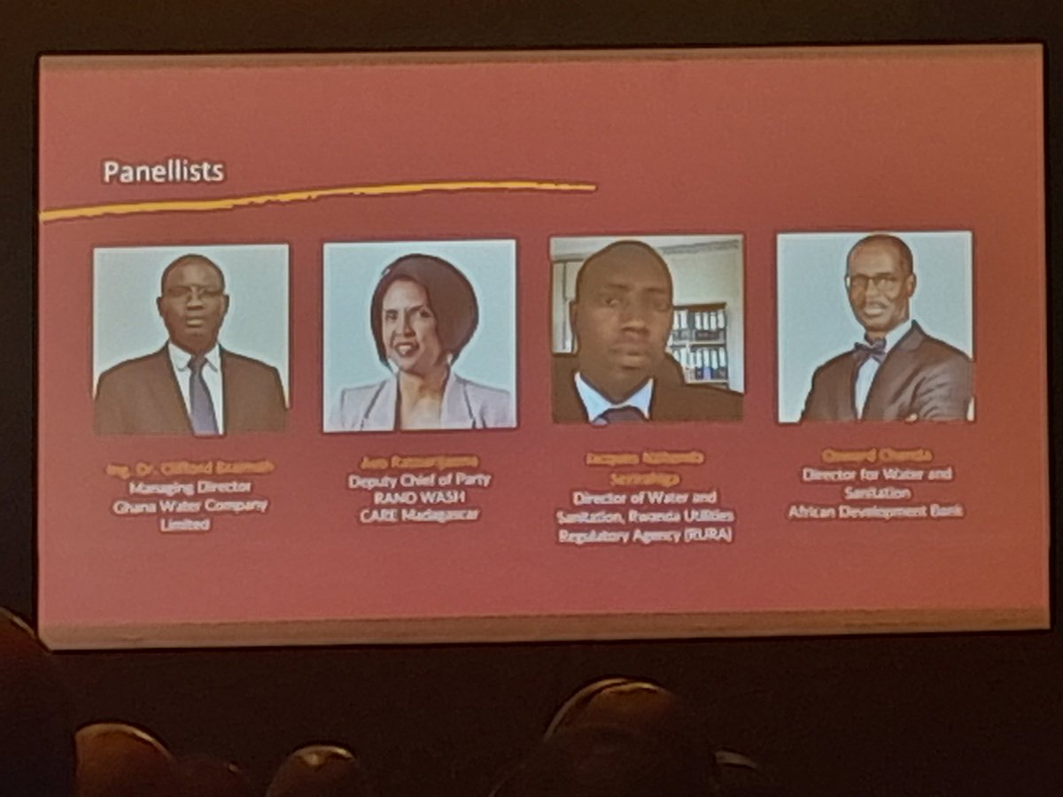 Day2 #allsystemsgoafrica 
Plenary discussing innovation and proven models for scaling up professional water and sanitation service delivery thru utilities in Africa.
Panel: <a href="/Ghanawater_com/">Ghana Water Company</a>  <a href="/CAREMadagascar/">CARE Madagascar</a>  <a href="/RURA_RWANDA/">Rwanda Utilities Regulatory Authority - RURA</a> <a href="/AfDB_Group/">African Development Bank Group</a> 
Moderator: <a href="/NabunnyaJane/">Nabunnya M. Jane</a> 🇺🇬 Director <a href="/IRCWASH/">IRC</a>