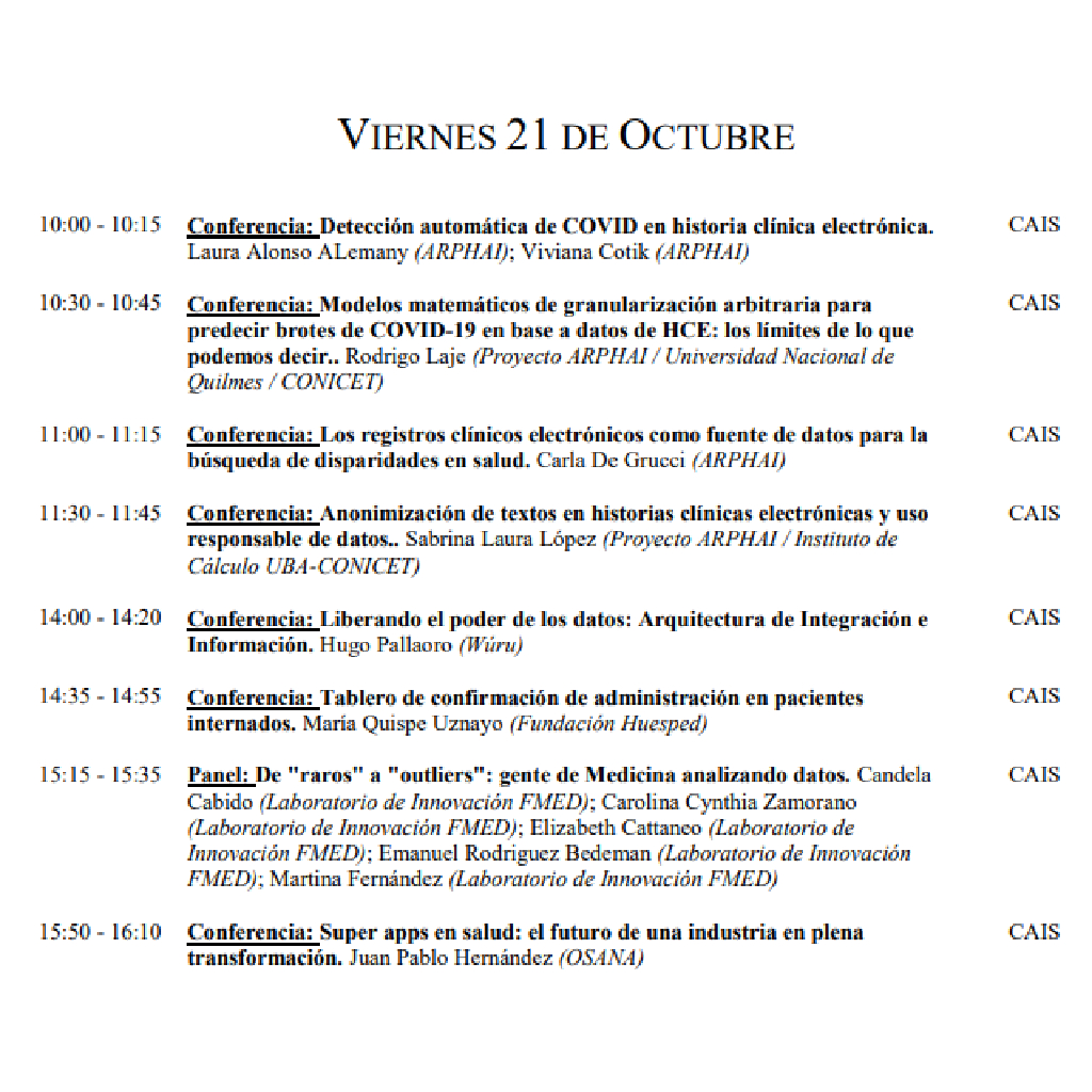 arphai_arg's tweet photo. Mañana, viernes 21 de octubre, en el marco del CAIS (Congreso Argentino de Informática y Salud), llevado a cabo en las @jaiio_oficial, se realizará una serie de conferencias en las que se presentarán diversos aspectos del Proyecto @arphai_arg. ¡Las y los esperamos! https://t.co/06AX6MQGg1