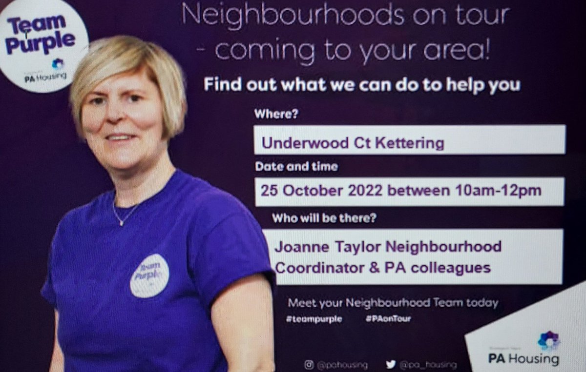A reminder theres a Pop up PA on Tour at Underwood Ct Kettering 10-12 &amp; Harlech in Corby 1-3 on 25 October! COME AND MEET US! Looking forward to  meeting residents. @MoniatPAHousing <a href="/DeanaClarke14/">Deana Clarke</a> <a href="/amandaPAHousing/">amanda patel</a> @pa_housing #teampurple <a href="/NNorthantsC/">North Northamptonshire Council</a>
