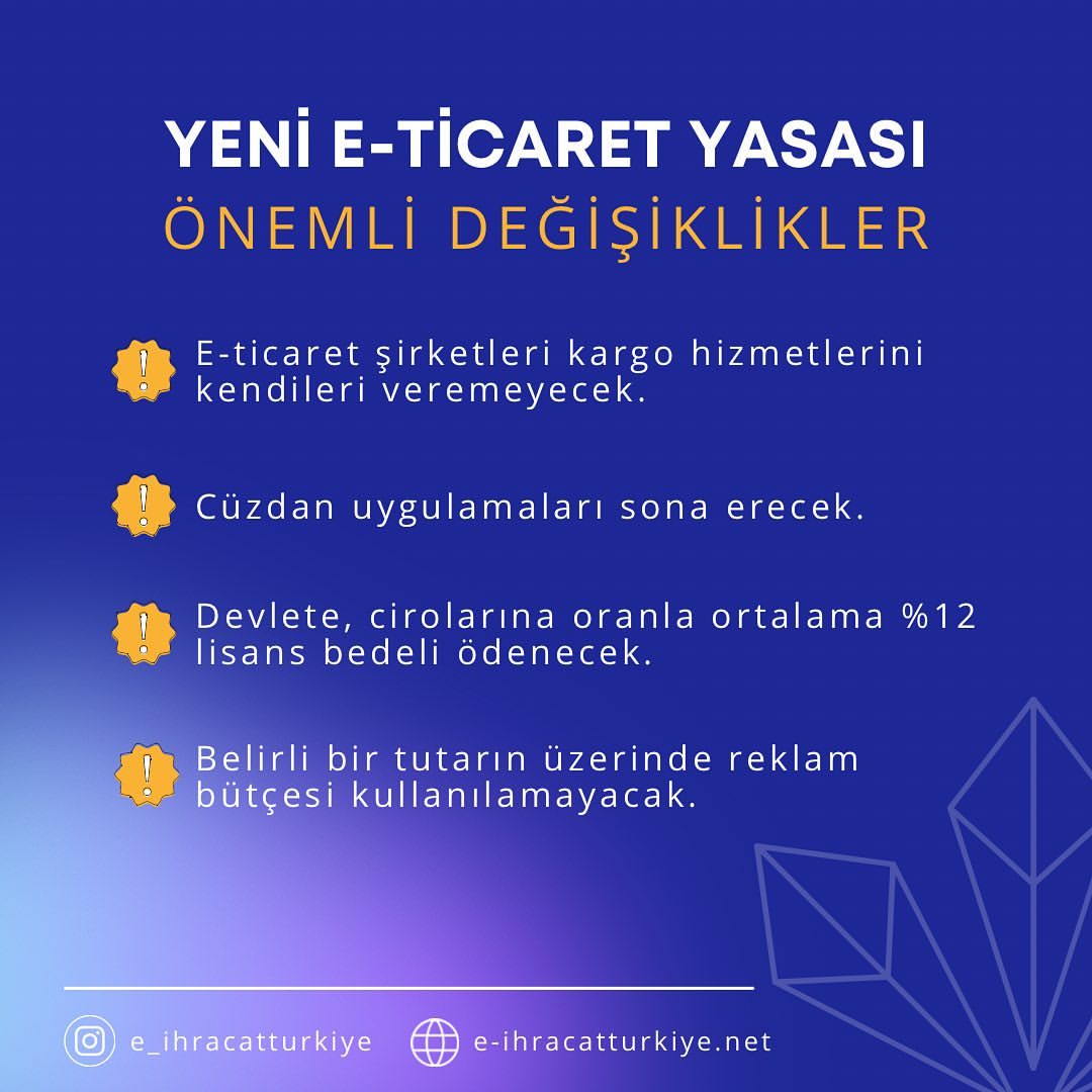 eihracatTR's tweet photo. ❗️YENİ E-TİCARET YASASI❗️

E-ticaret ve e-ihracat hakkında yeni bilgiler öğrenmek ve gelişmeleri kaçırmamak için bizi takip etmeyi unutmayın 🙌🏻

.
.

#eticaret #eticaretyazilimi #eticaretcozumleri #eticaretsitesi #onlineticaret #retailarbitrage #yurtdisisatis #eihracat #ihracat https://t.co/HdFpLZrDut