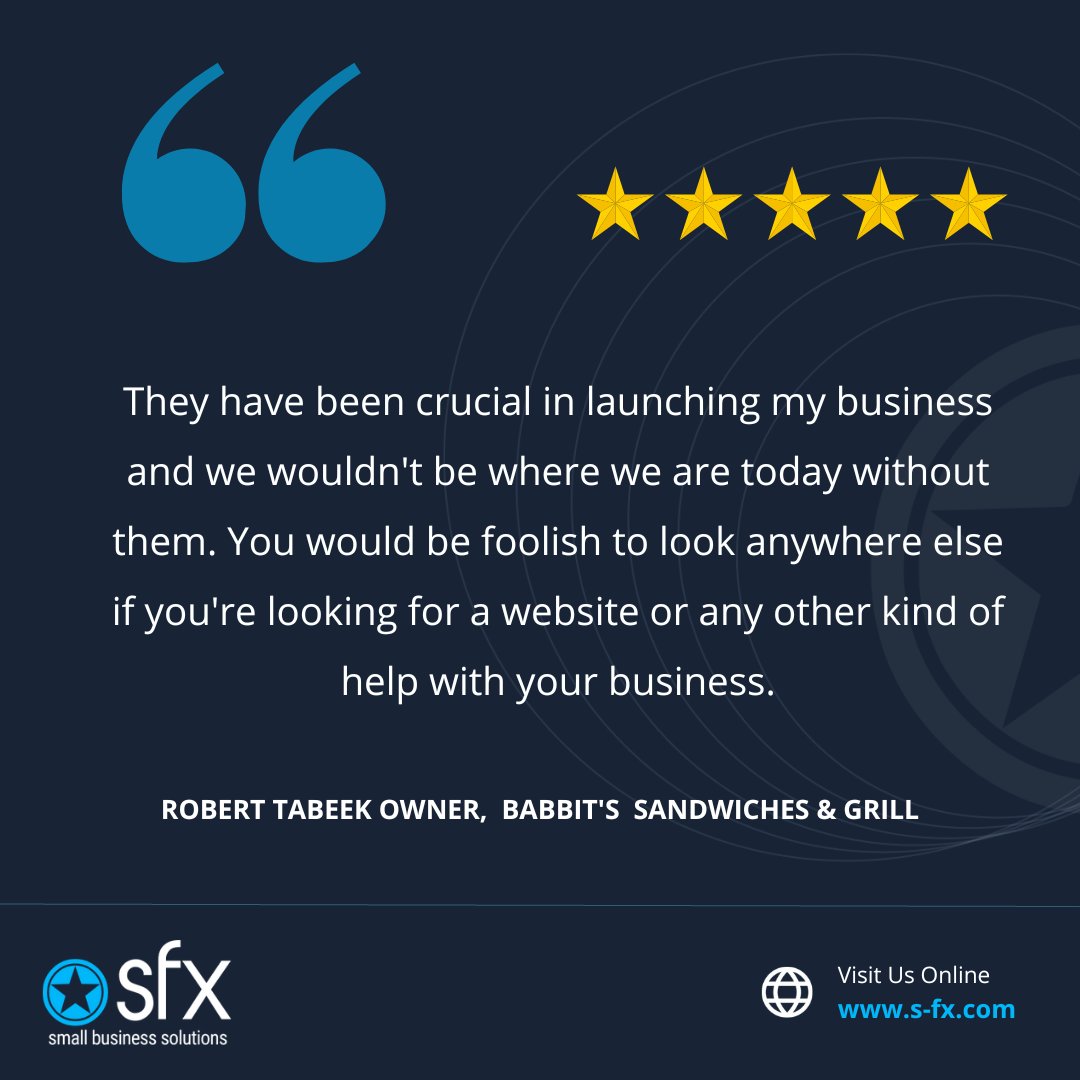 sfxdotcom's tweet photo. See what our clients are saying about us!
Babbit's Sandwiches & Grill
#techbusiness #smallbusiness #entrepreneur #webdesign #technology #webdevelopment #tips #newjersey #website #consultant #reviews #blogthursday #SEO #Marketing #technews #sfxdotcom https://t.co/KTPKVpIDCX