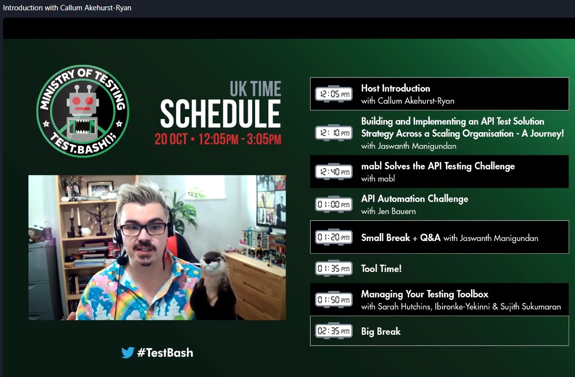 DarkArtsWizard's tweet photo. Hour three of @ministryoftest #testbash started with host 
Callum Akehurst-Ryan @Cakehurstryan and 
@RamoneTestOtter  

https://t.co/w0MFgLRSoI
https://t.co/XA6eYUzCsH https://t.co/KTHzmvbvNs