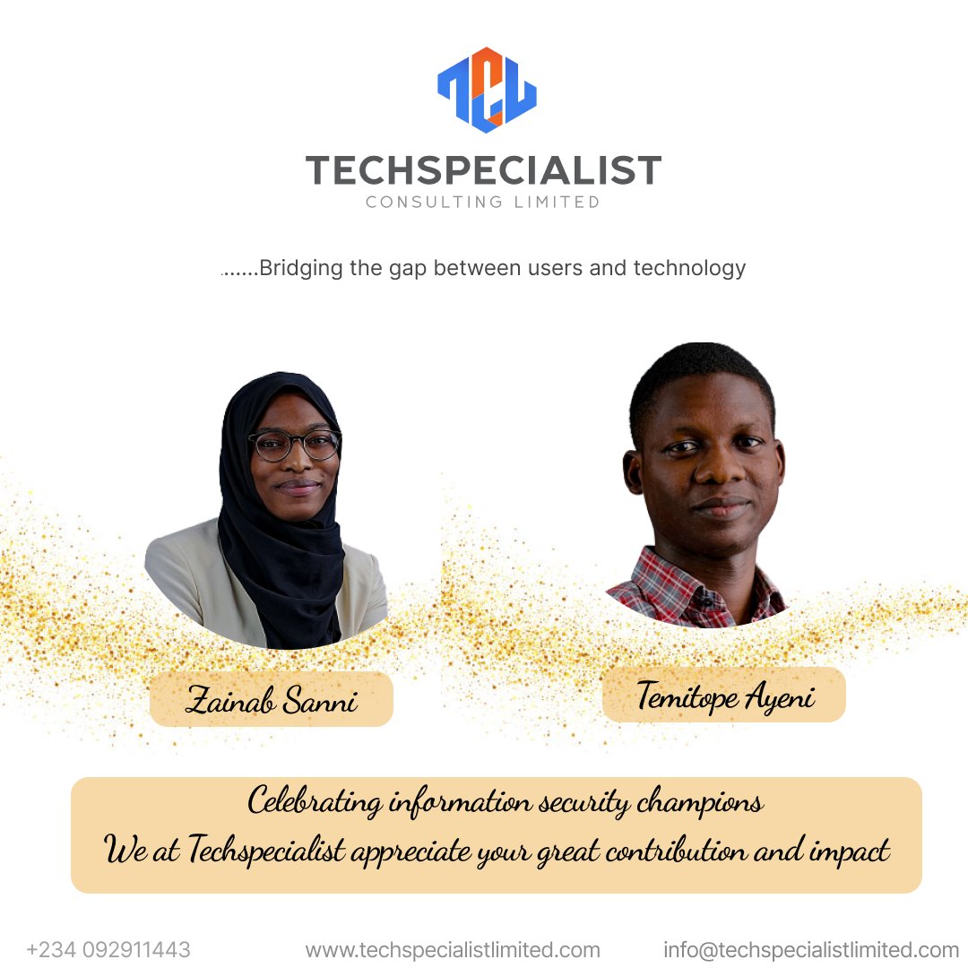 Tclafrica's tweet photo. We at @Tclafrica  would like to acknowledge Zainab O. Sanni and @aytware for their great contribution on Information Security for the organization and that of our partners.

#cybersecurityexpert #informationsecurity #seeyourselfincyber #impact #teamdevelopment https://t.co/XuU8pSYdJO